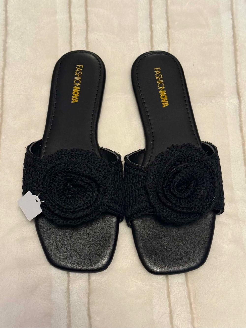 Fashion Nova Black Crochet Rosette Slide Mules